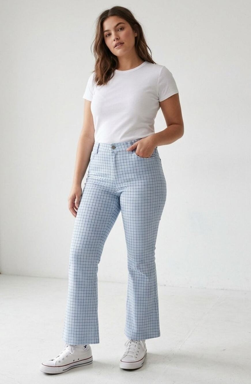Hollister Light Blue Plaid Flare Stretch Pants L Y2K 90s Academia Preppy Skater